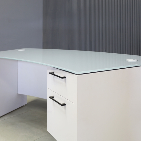  72-inch Seattle Curved Executive Desk in 1/2-inch Light gray tempered glass top and white gloss laminate base.