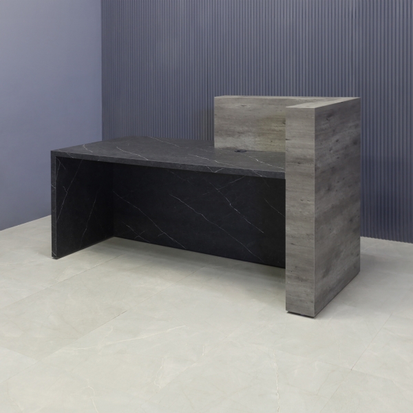 72-inch Atlanta Custom Reception Desk with the countertop & base on the left side when facing front covered in metropolitan concrete PVC, while the workspace and front panel are covered in black stone PVC.