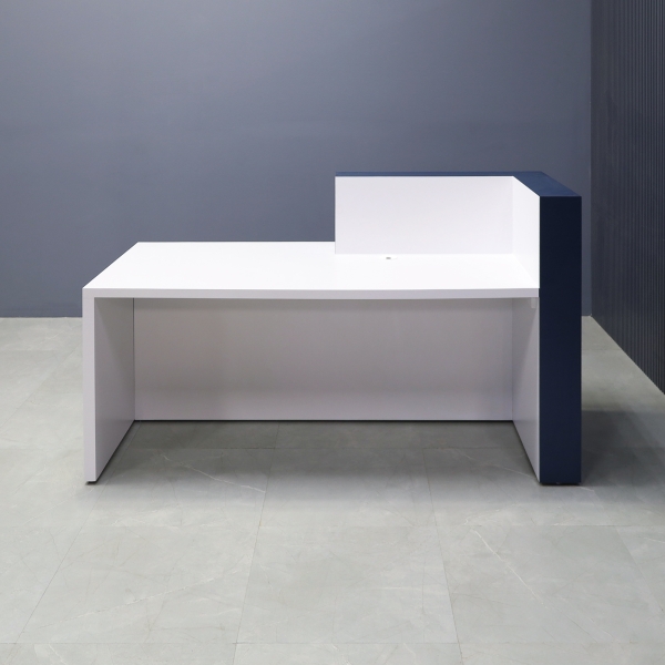 72-inch Atlanta Reception Desk, left side countertop when facing front, in midnight blue laminate countertop & base, white matte laminate workspace & front accent, and warm white LED.