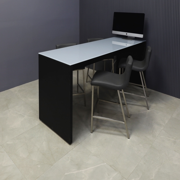 72-inch Ashville Bar Table in 1/2-inch gray tempered glass top and black traceless laminate base.