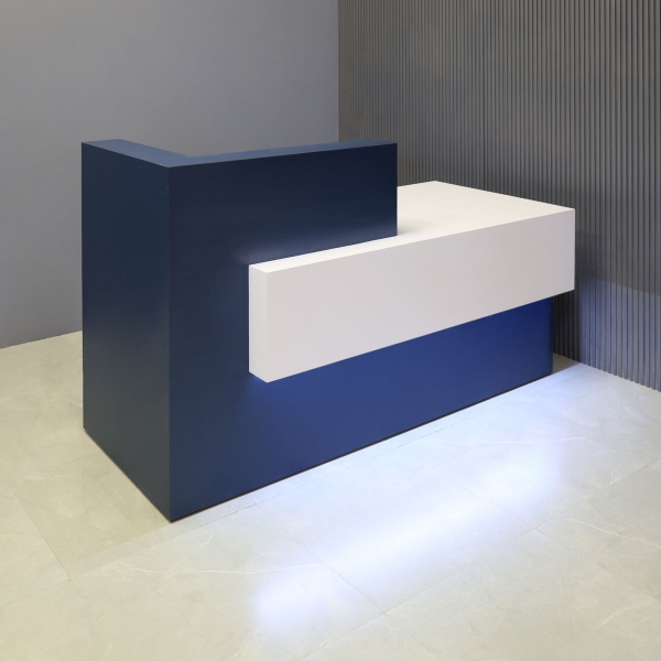 72-inch Atlanta Reception Desk, left side countertop when facing front, in midnight blue laminate countertop & base, white matte laminate workspace & front accent, and warm white LED.