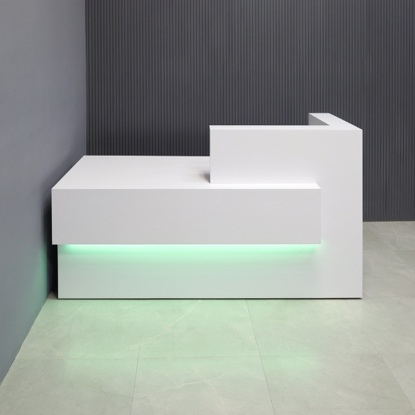 72-inch Atlanta Custom Reception Desk with the countertop & base on the right side when facing front, all covered in white gloss laminate, and color changing LED.