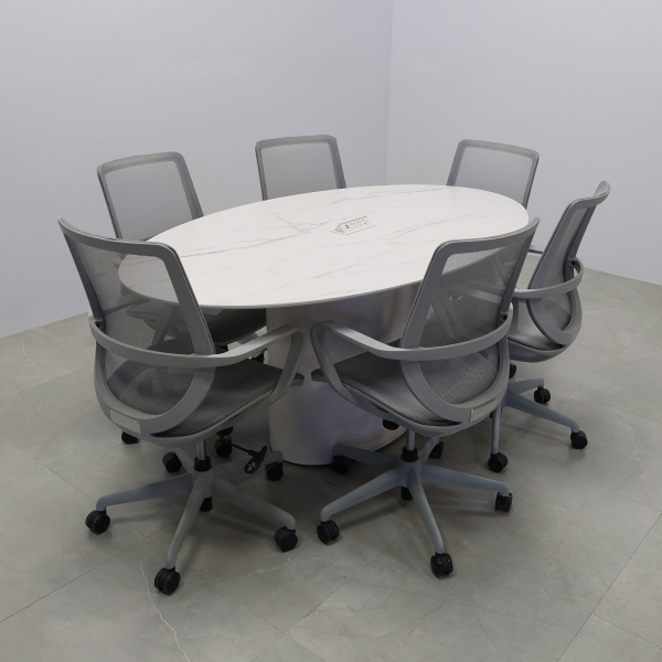 72-inch Aurora Oval Conference Table in 1/2-inch solenne marble engineered surface top, white matte laminate base, and white power box.