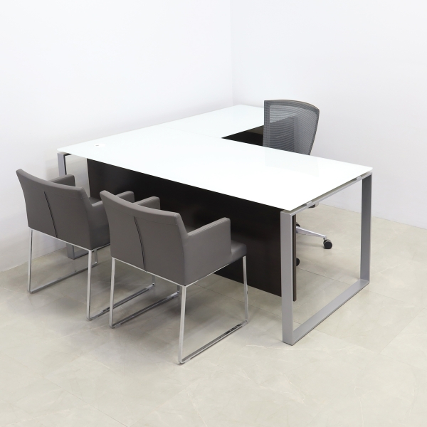 Aspen L-Shape Executive Desk With Tempered Glass Top in white top, black matte laminate and silver metal legs shown here.