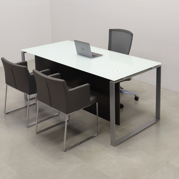 Aspen Straight Executive Desk With Tempered Glass Top in white top, black traceless laminate privacy panel and silver metal legs, sitting view shown here.