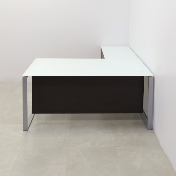 Aspen L-Shape Executive Desk With Tempered Glass Top in white top, black matte laminate and silver metal legs shown here.