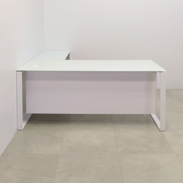 72-inch Aspen L-Shape Executive Desk with 1/2-inch white tempered glass top, white gloss laminate privacy panel, and white metal legs.