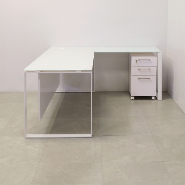 72-inch Aspen L-Shape Executive Desk with 1/2-inch white tempered glass top, white gloss laminate privacy panel, and white metal legs.