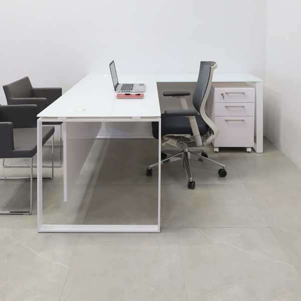 72-inch Aspen L-Shape Executive Desk with 1/2-inch white tempered glass top, white gloss laminate privacy panel, and white metal legs.