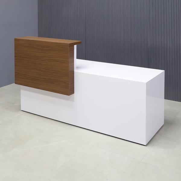 72-inch Los Angeles ADA Compliant Custom Reception Desk with the counter on the left side when facing front in walnut heights matte laminate, and white gloss laminate desk.