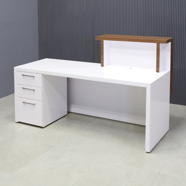 72-inch Los Angeles Custom Reception Desk with the counter on the left side when facing front in walnut heights matte laminate, and white gloss laminate desk, shown here.