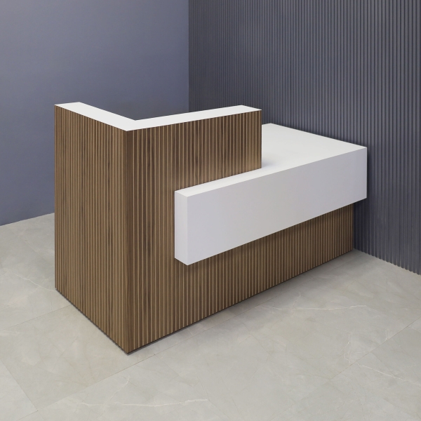 72-inch Atlanta Custom Reception Desk with the countertop & base on the left side when facing front covered in walnut tambour, while the workspace and front panel are covered in dover off-white matte laminate.