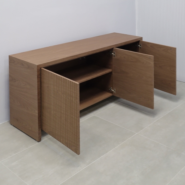 72-inch Boston Storage Credenza in walnut veneer credenza, and walnut & natural background tambour doors.