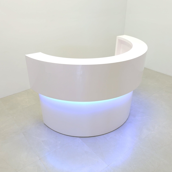 Boca Half Moon Reception Desk in White Gloss Laminate Desk, with multi-colored LED shown here.