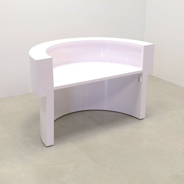 Boca Half Moon Reception Desk in White Gloss Laminate Desk, with multi-colored LED, seating side view shown here.