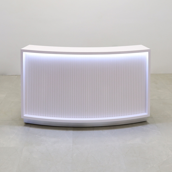 72-inch Seattle X2 Reception Desk in White Gloss Tambour Front Panel and Desk, with white LED, shown here.