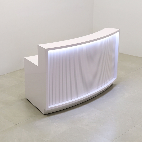 72-inch Seattle X2 Reception Desk in White Gloss Tambour Front Panel and Desk, with white LED, shown here.