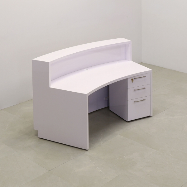 72-inch Seattle X2 Reception Desk in White Gloss Tambour Front Panel and Desk, with white LED, shown here.
