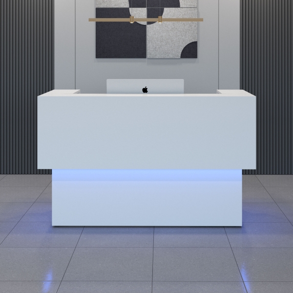 72-inch San Francisco U-Shape Custom Reception Desk in white matte laminate counter and desk, with multi-colored LED, shown here.
