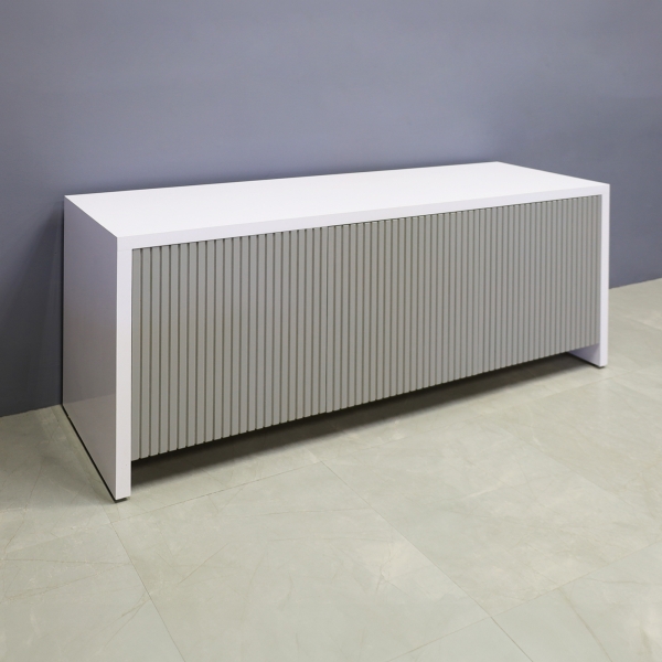 72-inch Boston Storage Credenza in white gloss laminate credenza, and fog gray tambour doors.