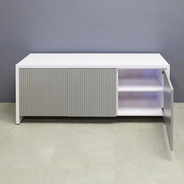 72-inch Boston Storage Credenza in white gloss laminate credenza, and fog gray tambour doors.