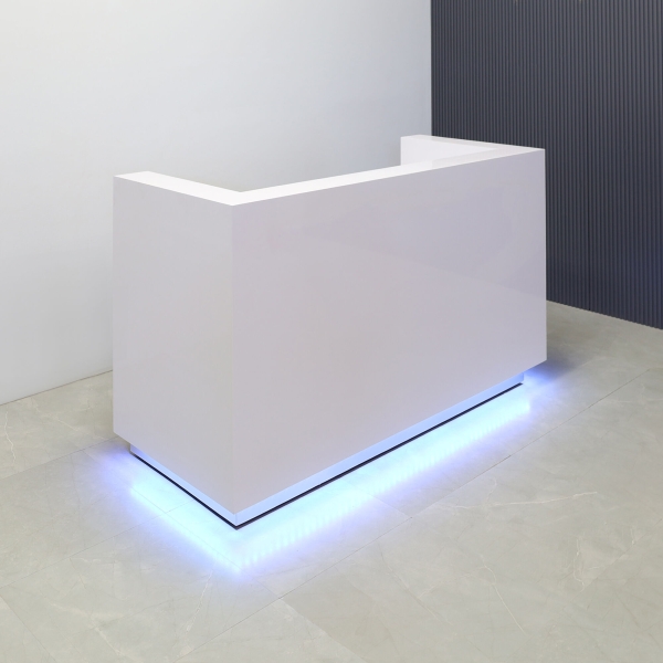 72-inch Dallas U-Shape Reception Desk in white gloss Laminate main desk, brushed aluminum toe-kick, and color changing LED.