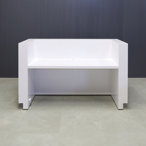 72-inch Dallas U-Shape Reception Desk in white gloss laminate main desk and brushed aluminum toe-kick.