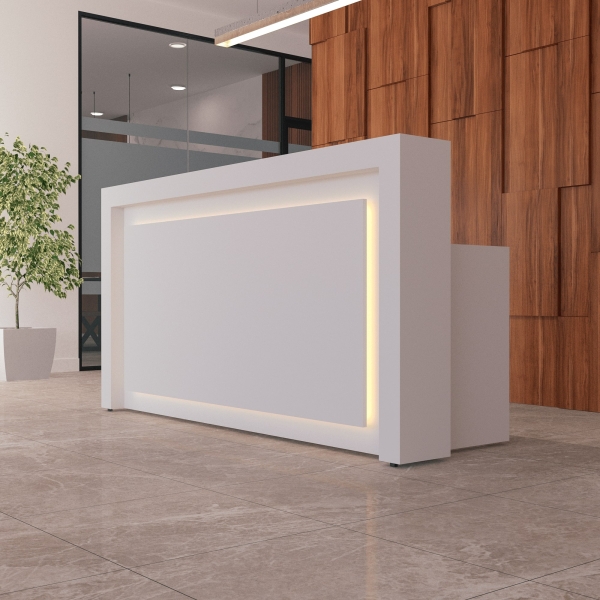 72-inch New York Straight Shape Custom Reception Desk in white gloss laminate main desk, front panel, and accent recessed, with warm white LED, shown here.