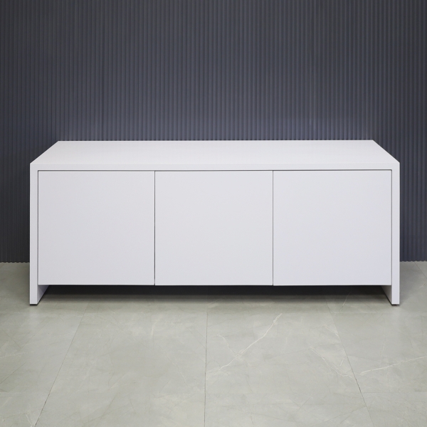72-inch Boston Storage Credenza in white gloss laminate, shown here.
