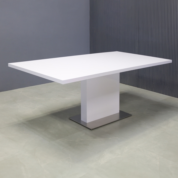 72-inch Newton Rectangular Conference Table wirh custom pedestal base in white gloss laminate, shown here.