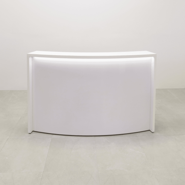 72-inch Seattle X1 Custom Reception Desk in white matte laminate desk and curved front panel, with warm white LED, shown here.