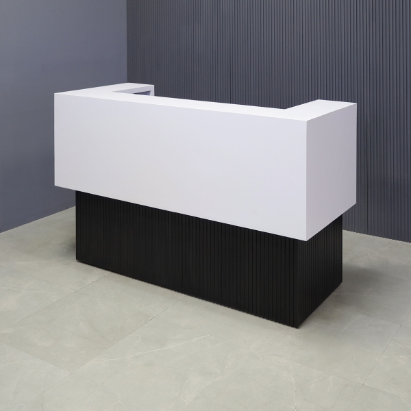 72-inch San Francisco U-Shape Custom Reception Desk in white matte laminate counter, black traceless laminate desk and black traceless tambour front desk, shown here.