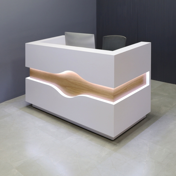 72-inch Wave Reception Desk in white matte laminate desk and counter, white oak veneer wave accent front, and brushed aluminum toe-kick, with warm white LED, shown here.