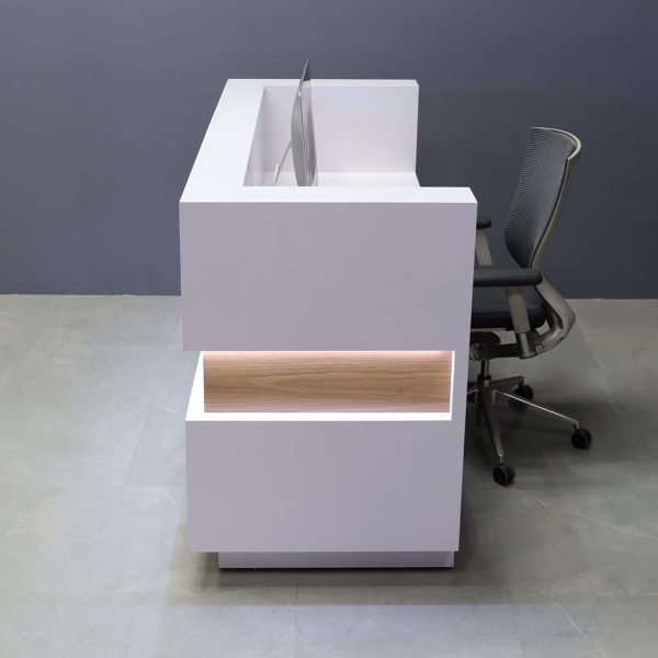 72-inch Wave Reception Desk in white matte laminate main desk, white oak waved accent, brushed aluminum toe-kick, and warm white LED.