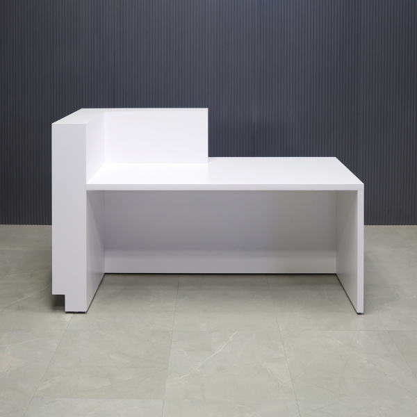 72-inch Manhattan ADA Compliant Custom Reception Desk in white matte laminate main desk, field elm matte laminate accent and brushed aluminum laminate toe-kick, with white LED shown here.