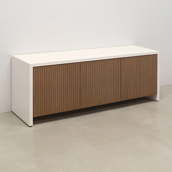 72-inch Boston Storage Credenza in white matte laminate credenza, and walnut & natural background tambour doors.