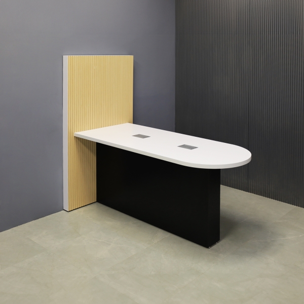 72-inch Weight and 42-inch Height, Westin Standing Collaboration and Training Table in white matte laminate top, with black matte laminate base and maple tambour wall, and 2 silver MX2 powerboxes, shown here.