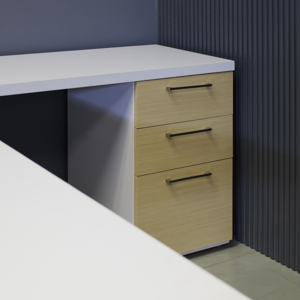 72-inch Dallas L-Shape Executive Desk W/ Cabinet in white matte laminate top and cabinet, maple veneer front drawers and privacy panel with chromed legs.