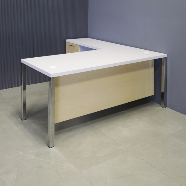 72-inch Dallas L-Shape Executive Desk W/ Cabinet in white matte laminate top and cabinet, maple veneer front drawers and privacy panel with chromed legs.