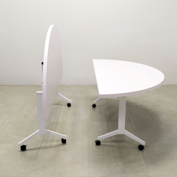 Two 72-inch Westin Half Moon Training Table in white matte laminate top and white metal frame.