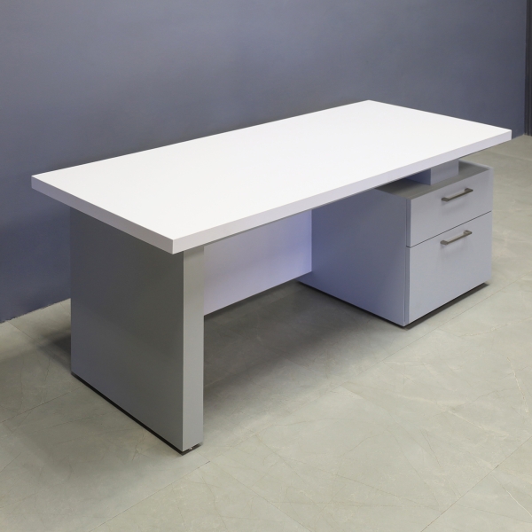 72-inch Avenue Straight Executive Desk in white matte laminate top and privacy panel, and light gray pvc base & storage on the right side when sitting.