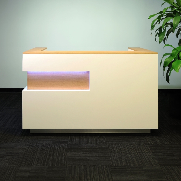 72-inch Manhattan U-Shape Custom Reception Desk in DISCONTINUED veneer accent panel & top counter, white matte laminate main desk, and color changing LED.