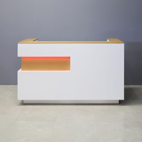 72-inch Manhattan U-Shape Custom Reception Desk in DISCONTINUED veneer accent panel & top counter, white matte laminate main desk, and color changing LED.
