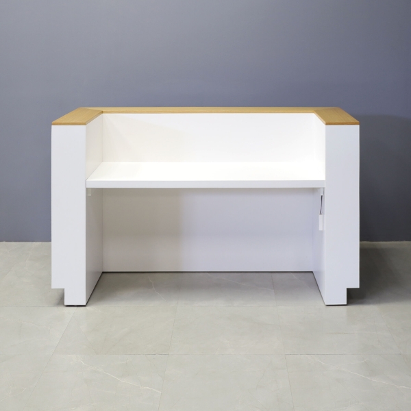 72-inch Manhattan U-Shape Custom Reception Desk in DISCONTINUED veneer accent panel & top counter, white matte laminate main desk, and color changing LED.