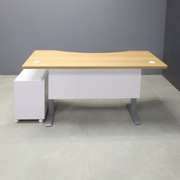 72-inch aXis Sit-stand Executive Desk in white oak veneer top, white matte laminate privacy panel and silver metal legs, with a white matte laminate mobile cabinet.