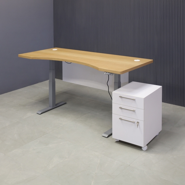 72-inch aXis Sit-stand Executive Desk in white oak veneer top, white matte laminate privacy panel and silver metal legs, with a white matte laminate mobile cabinet.