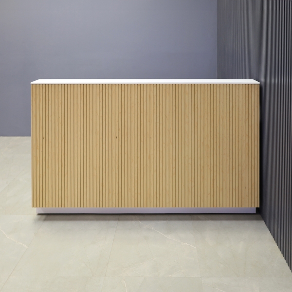 72-inch Dallas Straight Custom Reception Desk in 1/2-inch white solid engineered surface top, maple tambour main desk, and white matte laminate workspace & toe-kick.