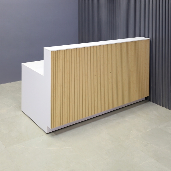 72-inch Dallas Straight Custom Reception Desk in 1/2-inch white solid engineered surface top, maple tambour main desk, and white matte laminate workspace & toe-kick.