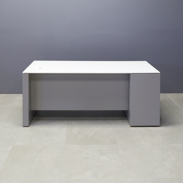 72-inch Denver Straight Executive Desk W/ left side cabinet when sitting, in 1/2-inch white solid engineered surface top and fog gray matte laminate finish base, cabinet & privacy panel.