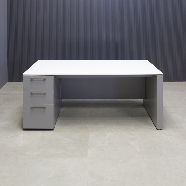 72-inch Denver Straight Executive Desk W/ left side cabinet when sitting, in 1/2-inch white solid engineered surface top and fog gray matte laminate finish base, cabinet & privacy panel.